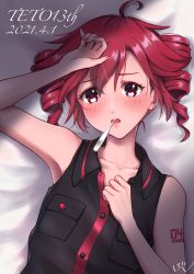 Rule 34 | 1girl, ahoge, bare shoulders, bed, black shirt, blush, character name, commentary, dated, digital thermometer, drill hair, furrowed brow, hand on own chest, hand on own forehead, highres, kasane kein, kasane kein, kasane teto, lying, mouth hold, on back, red eyes, red hair, shirt, shoulder tattoo, signature, sleeveless, sleeveless shirt, solo, tattoo, thermometer, twin drills, upper body, utau