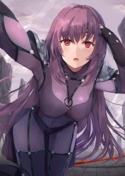 Rule 34 | 1girl, armor, blush, bodysuit, breasts, fate/grand order, fate (series), hair between eyes, highres, large breasts, leaning forward, long hair, looking at viewer, open mouth, outstretched arm, pauldrons, purple bodysuit, purple hair, red eyes, scathach (fate), shoulder armor, thighs, torottye