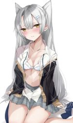 Rule 34 | 1girl, alternate costume, amatsukaze (kancolle), black jacket, blazer, bra, breasts, brown eyes, cardigan, chigasaki yukari, collarbone, commentary request, dress shirt, feet out of frame, grey skirt, highres, jacket, kantai collection, lace, lace bra, long hair, looking at viewer, open clothes, pleated skirt, school uniform, shirt, silver hair, sitting, skirt, small breasts, smile, solo, thigh gap, two side up, underwear, wariza, white shirt
