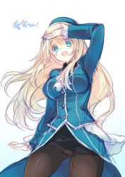 Rule 34 | 10s, 1girl, arm up, atago (kancolle), blonde hair, breasts, hat, kantai collection, large breasts, long hair, mizuno sao, open mouth, pantyhose, simple background, sketch, smile, solo, white background
