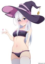 Rule 34 | absurdres, belly, blush, breasts, elaina (majo no tabitabi), frilled panties, frilled tube top, frills, hair ornament, hat, heart, highres, lingerie, long hair, majo no tabitabi, navel, panties, purple eyes, purple panties, roswell ss, small breasts, standing, strapless, thighhighs, tube top, underwear, underwear only, very long hair, white background, white hair, witch hat