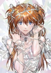 Rule 34 | 1girl, absurdres, artist request, bare shoulders, blue eyes, breasts, dress, highres, lipstick, long hair, looking at viewer, makeup, neon genesis evangelion, ribbon, shiny clothes, shiny skin, smile, solo, souryuu asuka langley, standing, twintails, two side up, upper body