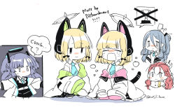 Rule 34 | 5girls, animal ear headphones, animal ears, aris (blue archive), blonde hair, blue archive, blue necktie, blush, cat ear headphones, chibi, closed mouth, collared shirt, crying, english text, fake animal ears, fake tail, hair between eyes, halo, headphones, jacket, long hair, long hair between eyes, midori (blue archive), momoi (blue archive), multiple girls, necktie, open mouth, purple hair, red hair, shirt, speech bubble, tail, ueji bun, wavy mouth, white jacket, white shirt, yuuka (blue archive), yuzu (blue archive)