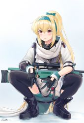 Rule 34 | 1girl, artist name, black bodysuit, blonde hair, bodysuit, bolt action, boots, bow, gamryous, girls&#039; frontline, gloves, green hairband, gun, hair bow, hairband, highres, jacket, long hair, looking at viewer, mod3 (girls&#039; frontline), multicolored clothes, multicolored gloves, ponytail, red eyes, rifle, russian flag, scarf, slav squatting, sniper rifle, solo, squatting, sv-98, sv-98 (girls&#039; frontline), sv-98 (mod3) (girls&#039; frontline), thighhighs, turtleneck, v, weapon, white jacket, white scarf