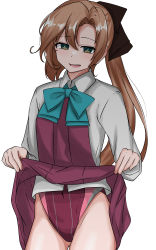 Rule 34 | 1girl, absurdres, akigumo (kancolle), brown hair, clothes lift, competition swimsuit, cowboy shot, dress, dress lift, gluteal fold, green eyes, hair between eyes, hair ribbon, highres, kantai collection, lifting own clothes, long hair, looking at viewer, mole, mole under eye, one-piece swimsuit, open mouth, ponytail, ribbon, school uniform, simple background, solo, swimsuit, swimsuit under clothes, tokiwa senkei, white background