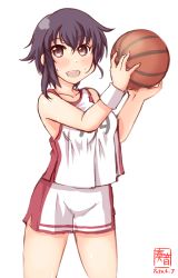 Rule 34 | 1girl, alternate costume, artist logo, bad anatomy, ball, basketball, basketball (object), basketball uniform, black hair, brown eyes, commentary request, dated, highres, i-14 (kancolle), kanon (kurogane knights), kantai collection, open mouth, round teeth, shirt, short hair, shorts, simple background, sleeveless, sleeveless shirt, smile, solo, sportswear, teeth, upper teeth only, white background, white shorts, white wristband, wristband