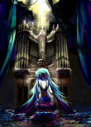Rule 34 | 1girl, antiquewhite, dress, female focus, from behind, green hair, hatsune miku, highres, instrument, long hair, pipe organ, solo, twintails, very long hair, vocaloid, water