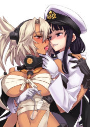 Rule 34 | 10s, 2girls, bad id, bad pixiv id, between breasts, black eyes, black hair, blonde hair, blush, breasts, budget sarashi, candy, cleavage, dark-skinned female, dark skin, eye contact, unworn eyewear, female admiral (kancolle), female focus, fingerless gloves, food, glasses, gloves, grabbing another&#039;s chin, grin, hairband, half-closed eyes, hand on another&#039;s chin, hand on another&#039;s shoulder, hat, headphones, holding, hug, hug from behind, imminent kiss, kantai collection, large breasts, long hair, looking at another, matsuryuu, military, military uniform, mouth hold, multiple girls, musashi (kancolle), musashi kai (kancolle), naughty face, naval uniform, navel, open mouth, peaked cap, personification, pointy hair, red eyes, sarashi, smile, teeth, uniform, white gloves, yuri