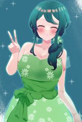 Rule 34 | 1girl, 3d, bare shoulders, blush, breasts, cleavage, clover hair ornament, dress, facing viewer, floral print, green dress, green hair, hair ornament, highres, large breasts, long hair, ponytail, simple background, smile, sumi suya, sunao na kapipara, v, virtual youtuber
