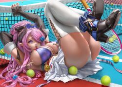 Rule 34 | 1girl, alternate costume, ass, ball, blue eyes, boots, breasts, commission, draph, elbow gloves, gloves, granblue fantasy, hair over one eye, hat, horns, kaopon, large breasts, legs up, long hair, lying, miniskirt, narmaya (granblue fantasy), on back, panties, pink hair, pointy ears, ponytail, racket, skeb commission, skirt, solo, tennis ball, tennis court, tennis net, tennis racket, thighhighs, twitter username, underwear, very long hair, white panties, white thighhighs