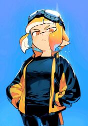 Rule 34 | 1girl, :&lt;, black jacket, black shirt, black shorts, blonde hair, blue background, blunt bangs, breasts, closed mouth, cowboy shot, dot nose, eyewear on head, goggles, goggles on head, gradient hair, hands in pockets, inkling, inkling girl, inkling player character, jacket, looking at viewer, medium breasts, medium hair, multicolored clothes, multicolored hair, multicolored jacket, nintendo, open clothes, open jacket, orange eyes, orange hair, pointy ears, serious, shirt, shorts, solo, splatoon (series), suction cups, sumi ko888, tentacle hair, two-tone hair, two-tone jacket, v-shaped eyebrows