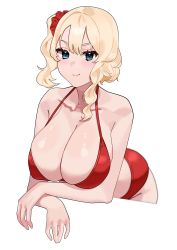 Rule 34 | 1girl, absurdres, arms under breasts, bare shoulders, bikini, blonde hair, blue eyes, blush, breasts, cleavage, commentary, fffukuzawa, halterneck, heart, highres, large breasts, leaning forward, looking at viewer, one side up, original, red bikini, simple background, smile, solo, swimsuit, symbol-only commentary, v-shaped eyebrows, white background