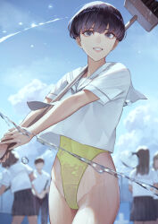 Rule 34 | 1boy, 4girls, black hair, black pants, black skirt, blue sky, broom, cloud, commentary request, competition swimsuit, day, faceless, faceless male, grey eyes, grin, groin, highres, holding, holding broom, kaoming, looking at viewer, multiple girls, one-piece swimsuit, original, outdoors, pants, pleated skirt, sailor collar, shirt, short hair, short sleeves, skirt, sky, smile, solo focus, swimsuit, swimsuit under clothes, water, wet, wet clothes, wet swimsuit, white sailor collar, white shirt, yellow one-piece swimsuit