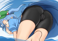 Rule 34 | 1girl, akanbe, ass, barefoot, bent over, bike shorts, blue background, blue eyes, blue hair, cameltoe, eyelid pull, feet, from behind, hair bobbles, hair ornament, hat, iromeki overdrive, kawashiro nitori, looking at viewer, looking back, matching hair/eyes, puffy sleeves, shirt, short sleeves, skirt, skirt set, smile, soles, solo, standing, tongue, tongue out, touhou, twintails, two side up, wading, water