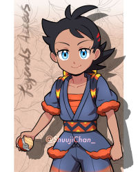 Rule 34 | 1boy, antenna hair, black hair, blue eyes, clenched hand, closed mouth, collarbone, commentary request, creatures (company), eyelashes, game freak, goh (pokemon), grey jacket, highres, holding, holding poke ball, jacket, looking at viewer, male focus, medium hair, nintendo, pillarboxed, poke ball, poke ball (legends), pokemon, pokemon (anime), pokemon journeys, pokemon swshs01, sara bon, short sleeves, smile, solo