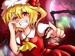 Rule 34 | 1girl, ascot, blonde hair, crystal, fangs, female focus, flandre scarlet, full moon, glowing, glowing wings, grin, hand on own face, hat, hat ribbon, long hair, looking at viewer, moon, pointing, pointing at viewer, puffy sleeves, red eyes, ribbon, roki (hirokix), short hair, short sleeves, side ponytail, smile, solo, touhou, uneven eyes, upper body, wings
