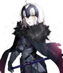 1girl ahoge armor armored_dress black_armor black_cape black_dress blush breasts cape chain dress fate/grand_order fate_(series) faulds fur-trimmed_cape fur_trim gauntlets grey_hair headpiece highres jeanne_d&#039;arc_alter_(avenger)_(fate) jeanne_d&#039;arc_alter_(fate) large_breasts looking_at_viewer open_mouth plackart ri_o_ne_su solo sword weapon yellow_eyes