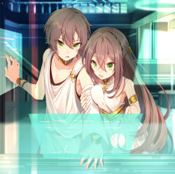 Rule 34 | 1boy, 1girl, adele (fate), blurry, brother and sister, brown hair, depth of field, dress, fate/grand order, fate (series), gold bracelet, gold trim, green eyes, hair between eyes, highres, holographic interface, long hair, looking down, makarios (fate), open mouth, satoimo (3311 mi), short hair, siblings, sleeveless, sleeveless dress, toga, upper body, white dress