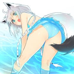 Rule 34 | 13o, 1girl, ahoge, animal ear fluff, animal ears, ass, bare shoulders, bikini, blue bikini, blue eyes, blush, braid, fang, feet out of frame, fox ears, fox girl, fox tail, frilled bikini, frills, from behind, hair between eyes, highres, hololive, kneepits, leaning forward, long braid, long hair, looking at viewer, looking back, low twin braids, ocean, official alternate costume, open mouth, partially submerged, shirakami fubuki, shirakami fubuki (hololive summer 2019), skin fang, smile, solo, standing, swimsuit, tail, twin braids, very long hair, virtual youtuber, wading, white hair