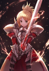 Rule 34 | 1girl, armor, bad id, bad pixiv id, black background, blonde hair, blurry, braid, breastplate, clarent (fate), closed mouth, depth of field, electricity, fate/apocrypha, fate (series), faulds, fighting stance, floating hair, french braid, gauntlets, glowing, glowing weapon, green eyes, high ponytail, highres, holding, holding sword, holding weapon, juliet sleeves, light particles, long hair, long sleeves, looking at viewer, lunacle, mordred (fate), mordred (fate/apocrypha), pauldrons, pelvic curtain, ponytail, puffy sleeves, shoulder armor, sidelocks, smile, solo, standing, sword, two-handed, v-shaped eyebrows, weapon