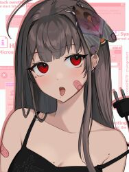 Rule 34 | 1girl, ahoge, animal, animal on head, artist name, bandaid, bandaid on arm, bandaid on cheek, bandaid on face, bare shoulders, black camisole, black shirt, breasts, brown hair, bug, cable, camisole, cleavage, collarbone, commentary, drop shadow, earrings, electric plug, english commentary, error message, highres, insect, jewelry, long hair, looking at viewer, mole, mole on breast, mole under eye, mole under mouth, moth, on head, open mouth, original, print shirt, red eyes, shirt, sleeveless, sleeveless shirt, small breasts, solo, spaghetti strap, straight hair, strap slip, tongue, tongue out, upper body, vickie (cryingrobot), vickie (cryingrobot) (character)
