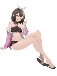 Rule 34 | 1girl, :d, absurdres, bare legs, bare shoulders, bikini, black bikini, black choker, black hair, blue archive, bow, choker, collarbone, commentary request, deatheach, full body, hair bow, halterneck, hand up, highres, index finger raised, invisible chair, jacket, long sleeves, looking at viewer, mashiro (blue archive), mashiro (swimsuit) (blue archive), off shoulder, open clothes, open jacket, open mouth, pink jacket, purple eyes, sandals, short hair, simple background, sitting, smile, solo, stomach, swimsuit, white background, white bow
