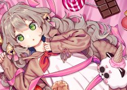 Rule 34 | 1girl, :o, agnamore, ahoge, bad id, bad pixiv id, bed sheet, bell, blush, brown jacket, candy, chocolate, chocolate bar, commentary request, eyebrows hidden by hair, food, green eyes, grey hair, hair bell, hair ornament, hands up, hood, hood down, hooded jacket, jacket, jingle bell, korean commentary, lollipop, long hair, long sleeves, looking at viewer, lying, on back, original, parted lips, shirt, sleeves past wrists, solo, swirl lollipop, very long hair, waffle, white shirt