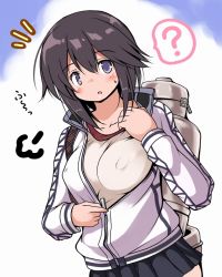 Rule 34 | 10s, 1girl, ?, bad id, bad pixiv id, black hair, blue eyes, blush, breasts, cloud, covered erect nipples, gradient background, gym shirt, hayasui (kancolle), jacket, kantai collection, large breasts, long hair, looking at viewer, machinery, open mouth, shirt, skirt, solo, spoken question mark, track jacket, tsuzuri (tuzuri), unzipped, unzipping, zipper