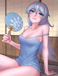 Rule 34 | artist name, bare legs, blue camisole, blue eyes, breasts, camisole, hand fan, hand on floor, highres, long hair, loose clothes, medium breasts, rwby, scar, scar across eye, snowflake print, sweat, thighs, weiss schnee, white hair