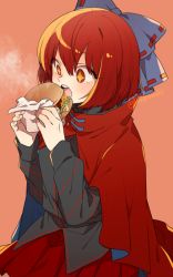 Rule 34 | + +, 1girl, black shirt, blue bow, blush, bow, breasts, burger, buttons, cape, commentary request, fingernails, food, hair between eyes, hair bow, holding, holding food, hot, long sleeves, medium breasts, open mouth, pleated skirt, red background, red cape, red eyes, red hair, red ribbon, red skirt, ribbon, ribbon-trimmed bow, sekibanki, shirt, short hair, simple background, skirt, solo, standing, steam, teeth, tissue, touhou, twitter username, two-sided cape, two-sided fabric, unkmochi, upper teeth only
