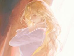 Rule 34 | 1girl, blonde hair, brown background, chinese commentary, closed eyes, eyelashes, from side, hand up, highres, kny yy, long hair, long sleeves, original, parted lips, shirt, solo, two-tone background, upper body, white background, white shirt