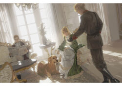 Rule 34 | 1girl, 2boys, audrey hall, black footwear, black gloves, black jacket, black pants, blonde hair, boots, brother and sister, brothers, carpet, chandelier, chinese commentary, commentary request, crossed legs, cup, curtains, day, dog, dress, earrings, from behind, gloves, golden retriever, green dress, green eyes, highres, holding, holding newspaper, indoors, jacket, jewelry, long hair, long sleeves, looking at another, lord of the mysteries, lorem ipsum, multiple boys, necktie, newspaper, pants, parted lips, reading, shaded face, shadow, short hair, siblings, sitting, smile, susie (lord of the mysteries), table, teacup, teapot, teeth, vase, wall, white footwear, white necktie, window, yinyoushirenmaotouying