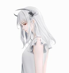 Rule 34 | 1girl, commentary, demon girl, dress, english commentary, from side, highres, horns, looking at viewer, original, profile, red eyes, sad, sideways glance, simple background, solo, sunmoony, upper body, white background, white dress, white hair