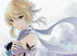Rule 34 | 1girl, abstract background, blonde hair, commentary request, detached sleeves, dress, feather hair ornament, feathers, gauntlets, genshin impact, grey background, hair between eyes, hair ornament, hand on own chest, highres, looking at viewer, lumine (genshin impact), mizuamememe, muted color, sad smile, scarf, short hair, short hair with long locks, smile, solo, upper body, white dress, white scarf, white sleeves, yellow eyes