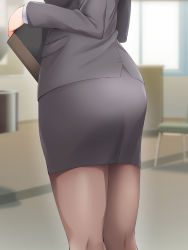 Rule 34 | 1girl, ass, ass focus, blurry, blurry background, chair, female focus, formal, from behind, grey suit, hands up, head out of frame, highres, holding, indoors, kaiga, legs, office lady, original, skirt, solo, standing, suit, table, thighs