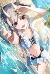 Rule 34 | 1girl, absurdres, akutonoeru, beach, bikini, bikini skirt, black bow, blue bikini, blue sky, bow, breasts, colored inner hair, commentary request, fang, grey hair, hair bow, highres, hololive, horns, long hair, looking at viewer, lying, multicolored hair, nakiri ayame, navel, ocean, on side, open mouth, palm tree, reaching, reaching towards viewer, red eyes, skin-covered horns, skin fang, sky, small breasts, smile, solo, swimsuit, tree, virtual youtuber