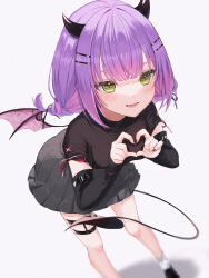 Rule 34 | 1girl, absurdres, arm strap, ass, bare legs, bat wings, black footwear, black nails, black ribbon, black shirt, black skirt, black sleeves, black straps, blunt bangs, blush, braid, breasts, clenched hands, commentary, commentary request, crossed bangs, demon girl, demon horns, demon tail, demon wings, detached sleeves, fangs, feet out of frame, finger heart, from above, from side, goth fashion, gradient hair, green eyes, hair between eyes, hair intakes, hair ornament, hair ribbon, hairclip, highres, hololive, horns, leaning, leaning forward, leather strap, legs, long hair, long sleeves, long tail, looking ahead, low twintails, medium breasts, multicolored hair, nail polish, open mouth, piercing, pink hair, pleated skirt, purple hair, red ribbon, ribbon, ribbon-trimmed sleeves, ribbon trim, runlan 0329, shirt, shirt tucked in, shoes, short sleeves, sidelocks, skirt, sleeves past wrists, smile, socks, solo, strap, streaked hair, symbol-only commentary, tail, tail ornament, tail piercing, thigh strap, thighlet, thighs, tokoyami towa, tokoyami towa (school uniform), twin braids, twintails, two-tone hair, virtual youtuber, white socks, wings