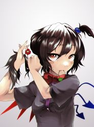 Rule 34 | 1girl, adjusting hair, alternate hairstyle, asymmetrical wings, black dress, black hair, bow, bowtie, breasts, dress, hair between eyes, hands up, highres, houjuu nue, long hair, looking up, mouth hold, red bow, red bowtie, red eyes, short sleeves, simple background, small breasts, solo, teinba, touhou, ufo hair ornament, upper body, white background, wings