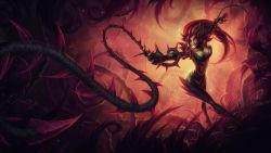 Rule 34 | 1girl, breasts, claws, earrings, extra ears, highres, jewelry, large breasts, leaf, league of legends, long hair, monster girl, official art, plant, pointy ears, red hair, thorns, vines, yellow eyes, zyra