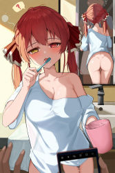Rule 34 | 1boy, 1girl, ?, absurdres, ass, blush, bottomless, breasts, brushing teeth, cellphone, cleavage, collarbone, commentary request, cup, dark-skinned male, dark skin, faucet, flying sweatdrops, hair ribbon, heterochromia, highres, holding, holding cup, hololive, houshou marine, indoors, iro (boo iro), large breasts, long hair, mirror, off shoulder, open mouth, phone, pov, red eyes, red hair, red ribbon, reflection, ribbon, shirt, short sleeves, single bare shoulder, sleepy, smartphone, speech bubble, spoken question mark, tears, thigh gap, toothbrush, twintails, virtual youtuber, water, white shirt, yellow eyes