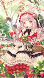 Rule 34 | 1girl, absurdres, animal ears, bad id, bad pixiv id, basket, black ribbon, clenched hand, curly hair, dress, food, fork, frilled dress, frilled gloves, frills, fruit, gloves, grey hair, hair ornament, hairband, hairpin, highres, holding, holding basket, key, lace, layered dress, lolita fashion, lolita hairband, looking at viewer, neck ribbon, original, oversized object, pocket watch, rabbit, rabbit ears, red eyes, red ribbon, ribbon, short sleeves, sidelocks, solo, spoon, strawberry, swept bangs, watch, white dress, white gloves, x hair ornament, yumeichigo alice