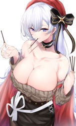 Rule 34 | 1girl, absurdres, aran sweater, azarashi (azrsot), azur lane, belfast (azur lane), belfast (shopping with the head maid) (azur lane), beret, blush, breasts, brown sweater, cable knit, choker, cleavage, collarbone, earrings, food, hat, highres, holding, holding food, hoop earrings, jewelry, large breasts, long hair, looking at viewer, mouth hold, off-shoulder sweater, off shoulder, pocky, silver hair, skirt, smile, solo, sweater