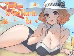 Rule 34 | alcohol, artist name, beach, beach umbrella, black one-piece swimsuit, blush, bow, breasts, brown eyes, champagne, champagne flute, cleavage, cup, curly hair, drinking glass, english text, finger to cheek, halterneck, hat, hat bow, hat ribbon, highres, large breasts, looking at viewer, lounge, lying, ocean, okumura haru, on side, one-piece swimsuit, orange hair, persona, persona 5, pink nails, poechan chan, ribbon, sand, short hair, smile, striped ribbon, sun hat, swimsuit, thank you, umbrella, white trim