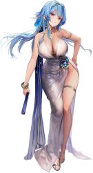 Rule 34 | 1girl, alternate costume, armlet, bare shoulders, blue eyes, blue hair, blush, bracelet, braid, breasts, cleavage, closed mouth, collarbone, commentary request, dress, earrings, folded fan, folding fan, full body, goddess of victory: nikke, gold trim, hair ornament, hand fan, hand on own hip, helm (chandelier) (nikke), helm (nikke), highres, holding, jewelry, kkuem, large breasts, long hair, looking at viewer, necklace, official art, shiny skin, side slit, simple background, sleeveless, sleeveless dress, solo, thigh strap, thighs, toeless footwear, toes, white background