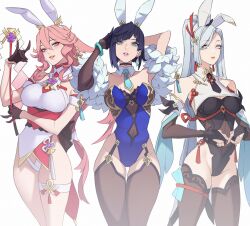 Rule 34 | 3girls, animal ears, blue eyes, blue wristband, breasts, citemer, detached collar, detached sleeves, garter straps, genshin impact, grey eyes, hair ornament, hand in own hair, hand up, highres, large breasts, leotard, long hair, multiple girls, pink eyes, pink hair, playboy bunny, ponytail, purple hair, rabbit ears, rope, rope belt, see-through, see-through leotard, shenhe (genshin impact), short hair, simple background, symmetrical hand pose, thigh strap, thighhighs, thighs, very long hair, white background, white hair, wristband, yae miko, yelan (genshin impact)