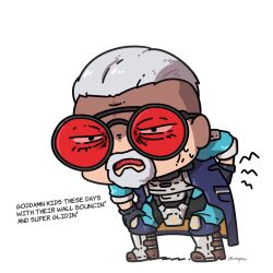 Rule 34 | 1boy, apex legends, ballistic (apex legends), black eyes, blue jacket, cartoonized, chibi, commentary, english commentary, english text, facial hair, goatee, grey hair, hair slicked back, hand on own hip, hand on own knee, highres, hunched over, jacket, male focus, miyan (oceanmaiden), old, old man, open mouth, red-tinted eyewear, round eyewear, sleeveless, sleeveless jacket, solo, squinting, tinted eyewear, toon (style)