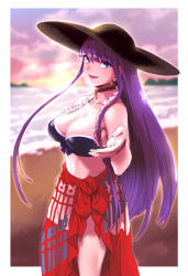 Rule 34 | 1girl, aoba (smartbeat), backlighting, bare shoulders, beach, bikini, black bikini, black hat, blue eyes, blunt bangs, blurry, blurry background, breasts, choker, cleavage, collarbone, cross, cross choker, fate/grand order, fate (series), gradient sky, hat, highres, large breasts, long hair, looking at viewer, martha (fate), martha (swimsuit ruler) (fate), martha (swimsuit ruler) (first ascension) (fate), navel, open mouth, orange sky, pink sky, purple hair, sarong, sky, smile, solo, sun hat, swimsuit, thighs, twilight
