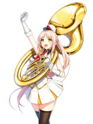 Rule 34 | 1girl, :d, arm up, band uniform, bare shoulders, black thighhighs, blonde hair, breasts, buttons, cleavage cutout, closers, clothing cutout, collared jacket, cowboy shot, double-breasted, fold-over gloves, gloves, green eyes, hands up, hat, highres, holding, holding instrument, instrument, jacket, large breasts, long hair, looking ahead, marching band, mini shako cap, miniskirt, necktie, official art, open mouth, parted bangs, pleated skirt, ponytail, red necktie, shako cap, sidelocks, skirt, sleeveless, sleeveless jacket, smile, solo, soma (closers), sousaphone, thighhighs, uniform, very long hair, walking, white background, white gloves, white hat, white jacket, white skirt, wing collar, zettai ryouiki