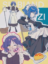 Rule 34 | 1girl, apron, black dress, blue hair, bocchi the rock!, bottle, box, cardboard box, closed mouth, dress, fanzhiguaxizhuan, food, frilled apron, frills, heart, heart hands, highres, holding, holding bottle, juliet sleeves, long sleeves, looking at viewer, maid, maid apron, maid headdress, mole, mole under eye, official alternate costume, omelet, omurice, on chair, one eye closed, open mouth, plate, puffy sleeves, short hair, sitting, water bottle, white apron, yamada ryo, yellow eyes