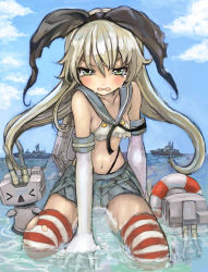 Rule 34 | 10s, 1girl, barrel bent, between legs, black bow, blonde hair, bow, cloud, damaged, day, elbow gloves, face down, gaihan umeboshi mitchell, gloves, green eyes, hair bow, hand between legs, in water, jubigamura, kantai collection, kneeling, lifebouy, lifebuoy, long hair, miniskirt, ocean, rensouhou-chan, shimakaze (kancolle), ship, sitting, skirt, sky, striped clothes, striped thighhighs, swim ring, tearing up, thighhighs, thighs, thong, torn clothes, very long hair, watercraft, white gloves, x&lt;